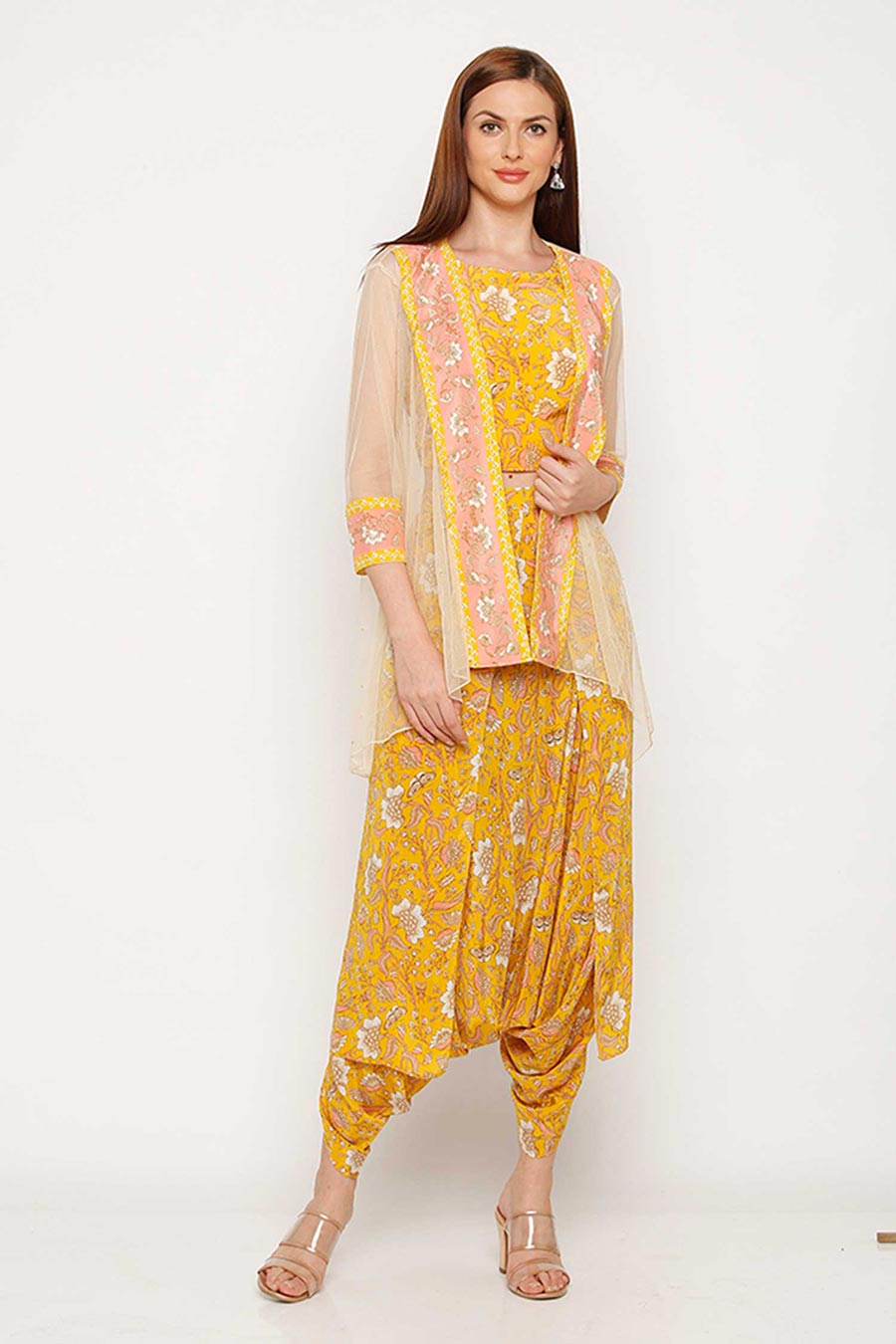 Yellow Co-ord Set with Jakcet (Set of 3)