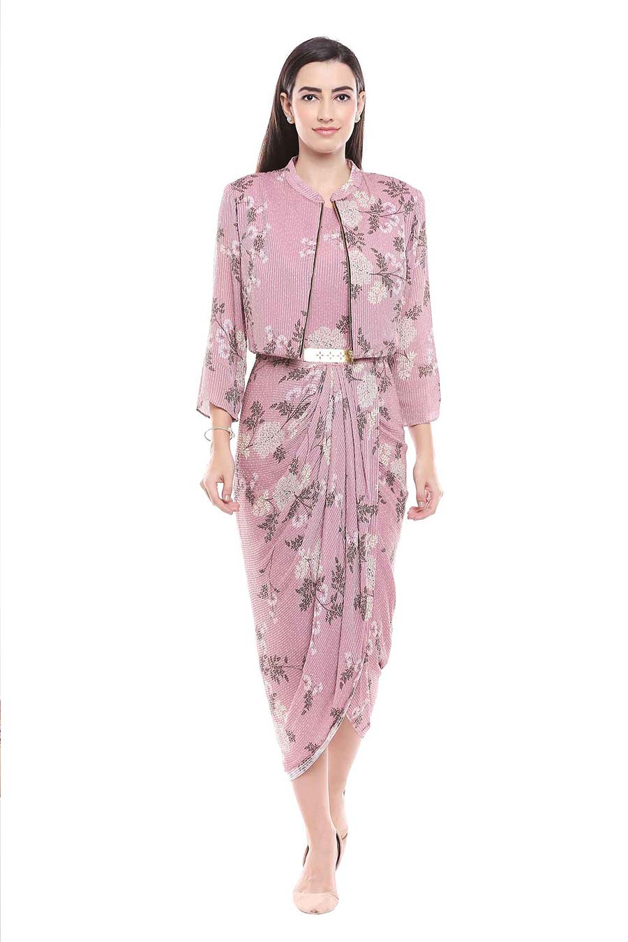 Printed Drape Dress & Jacket Co-Ord Set