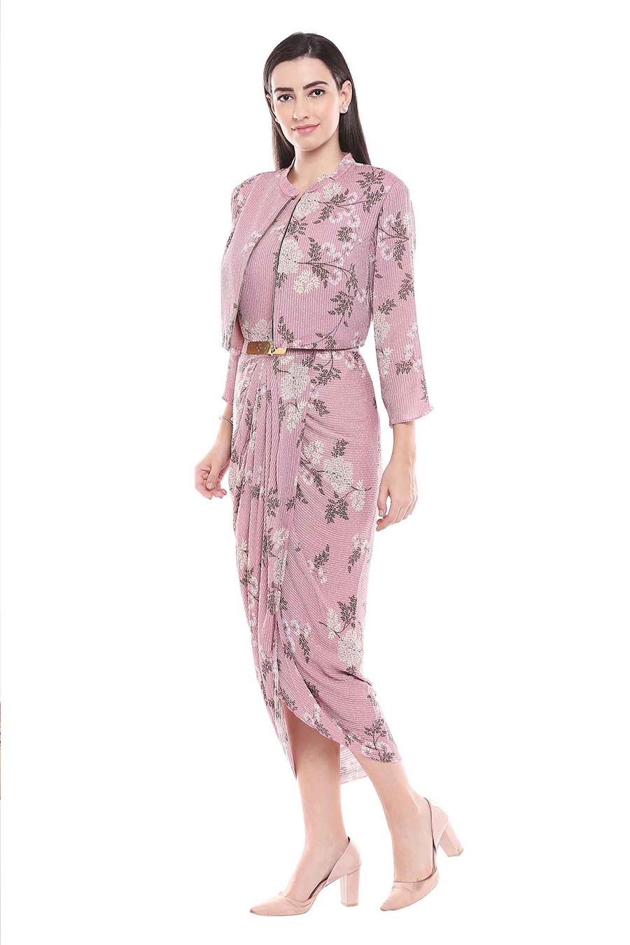 Printed Drape Dress & Jacket Co-Ord Set