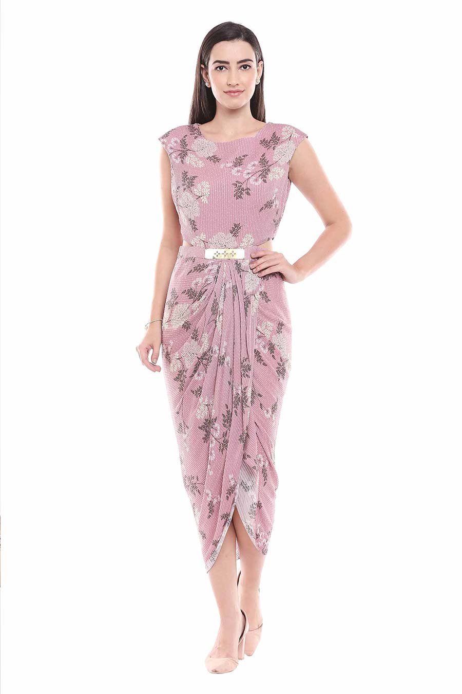 Printed Drape Dress & Jacket Co-Ord Set