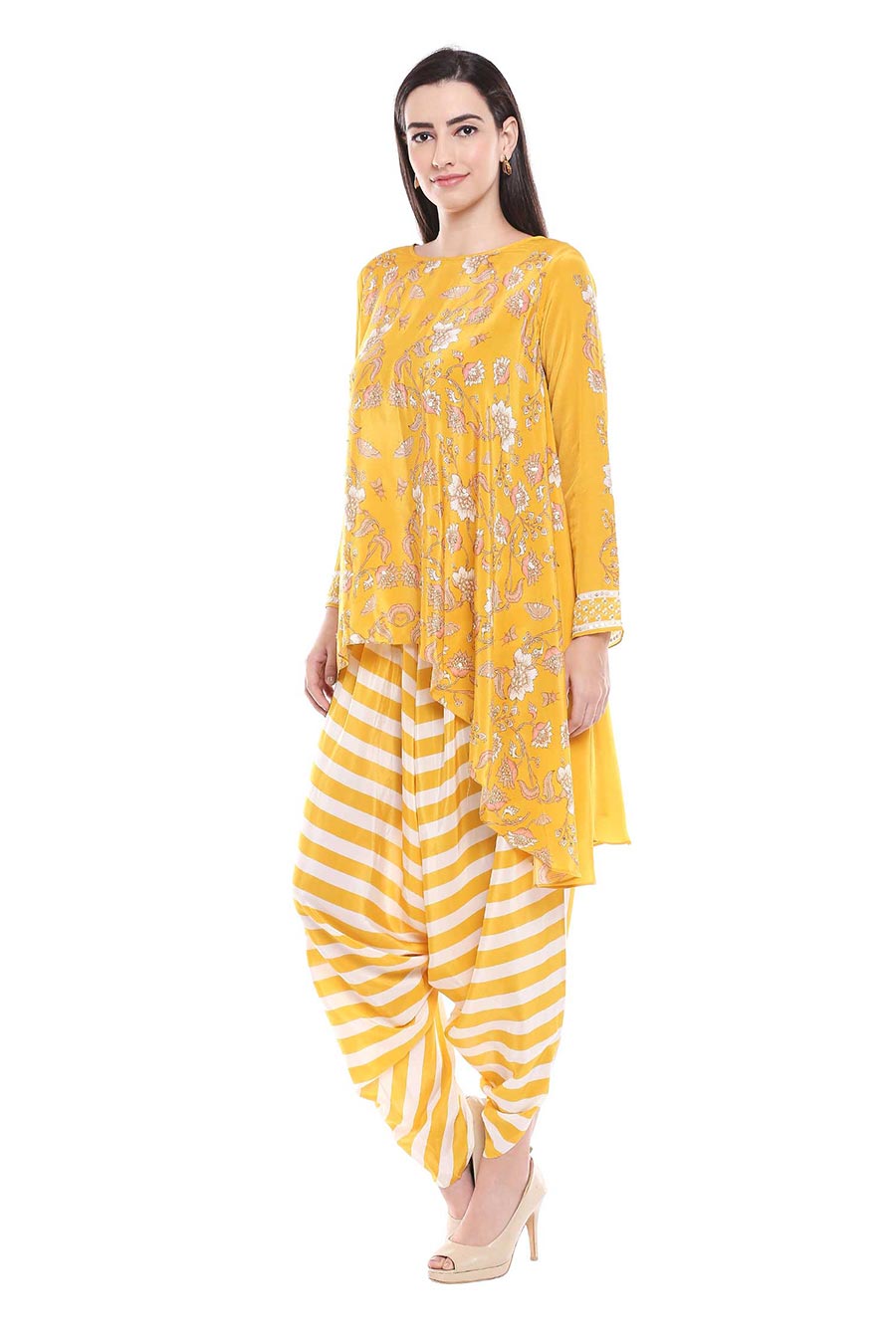 Yellow Printed Kurta & Dhoti Pants Set