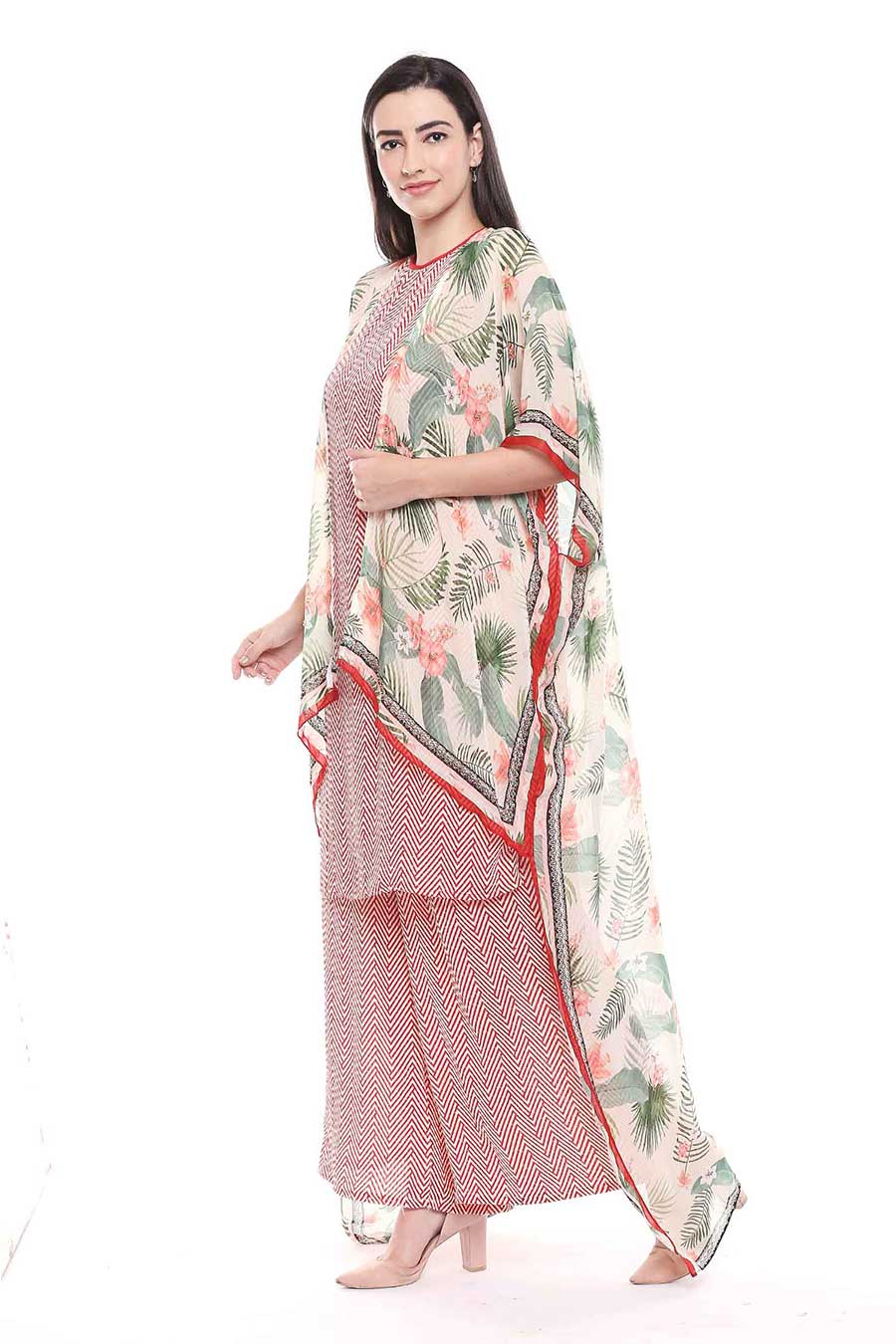 Tropical Print Kurta Set With Cape (Set of 3)