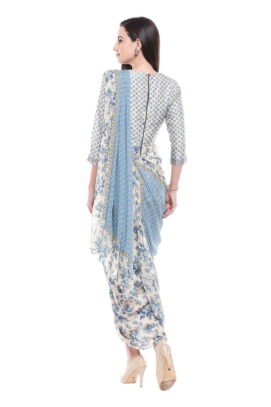 Blue Printed Pre-Drapped Saree Dress