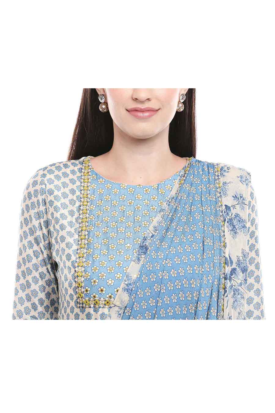 Blue Printed Pre-Drapped Saree Dress