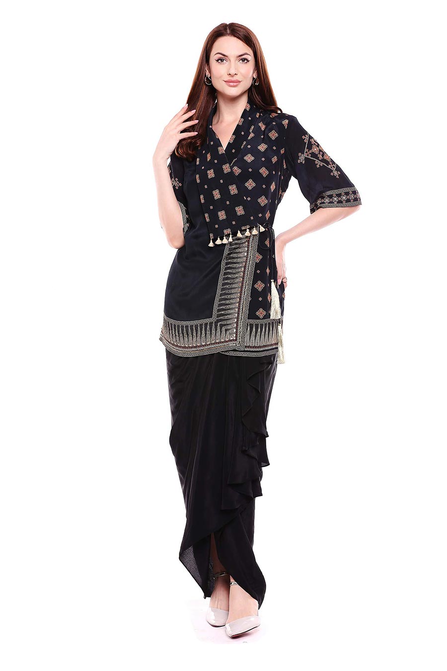 Black Jacket & Drape Skirt Co-ord Set (Set of 2)