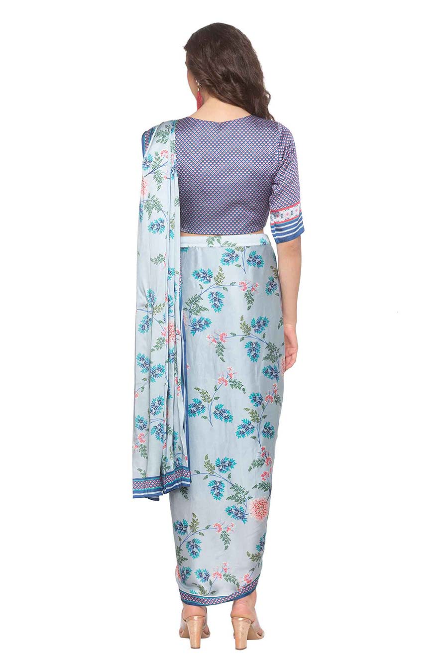 Blue Pre-Stitched Drape Saree Set
