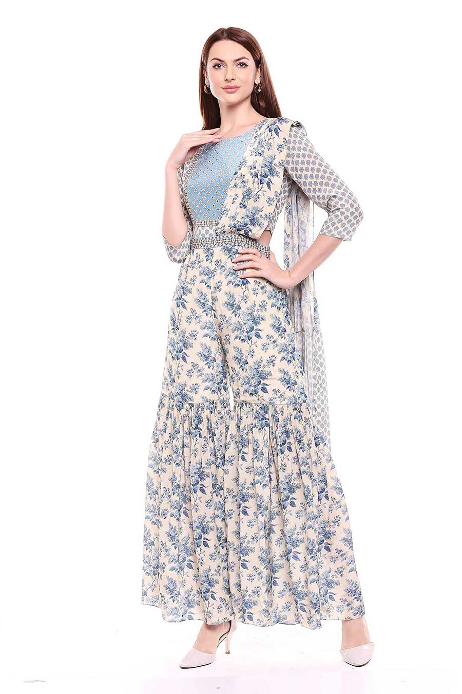 Blue Printed Jumpsuit Sharara Dress