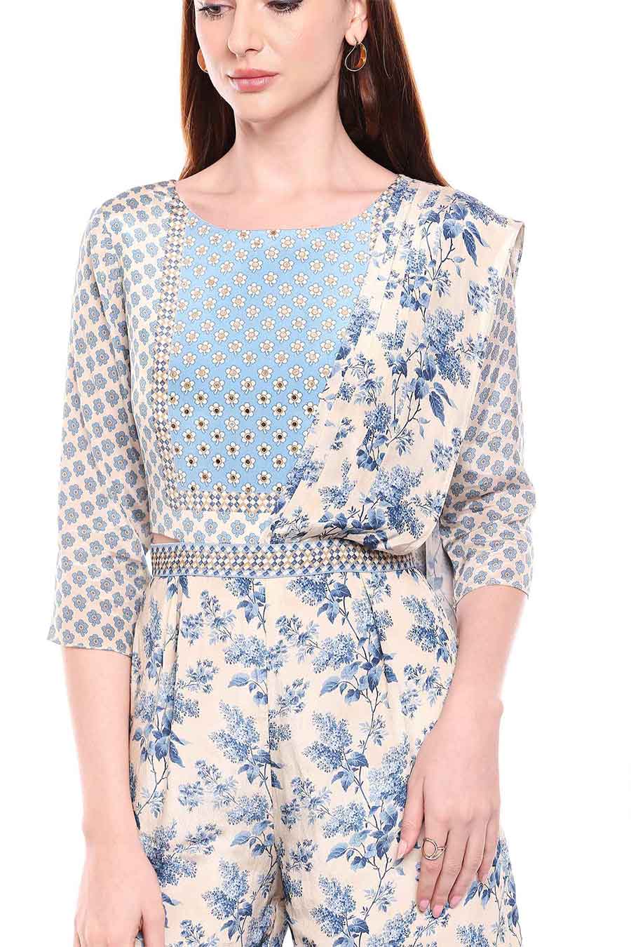 Blue Printed Jumpsuit Sharara Dress