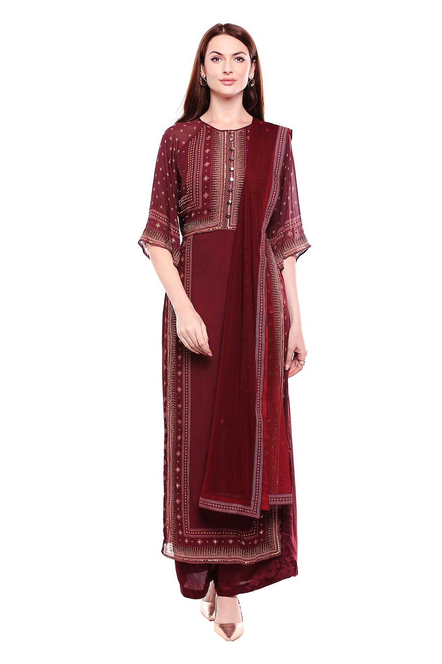 Hand Embroidered Maroon Kurta Set (Set of 3)