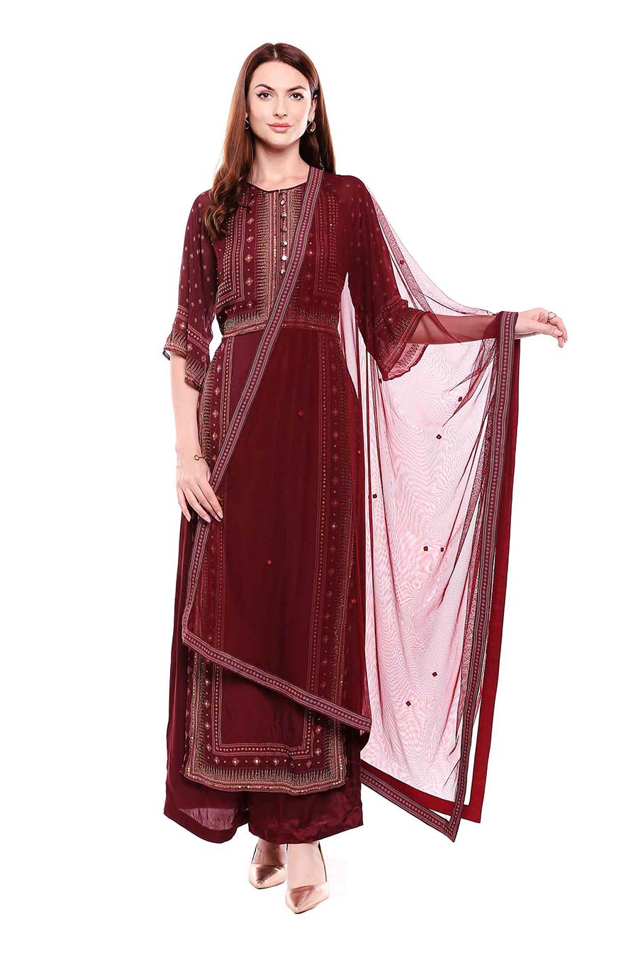 Hand Embroidered Maroon Kurta Set (Set of 3)