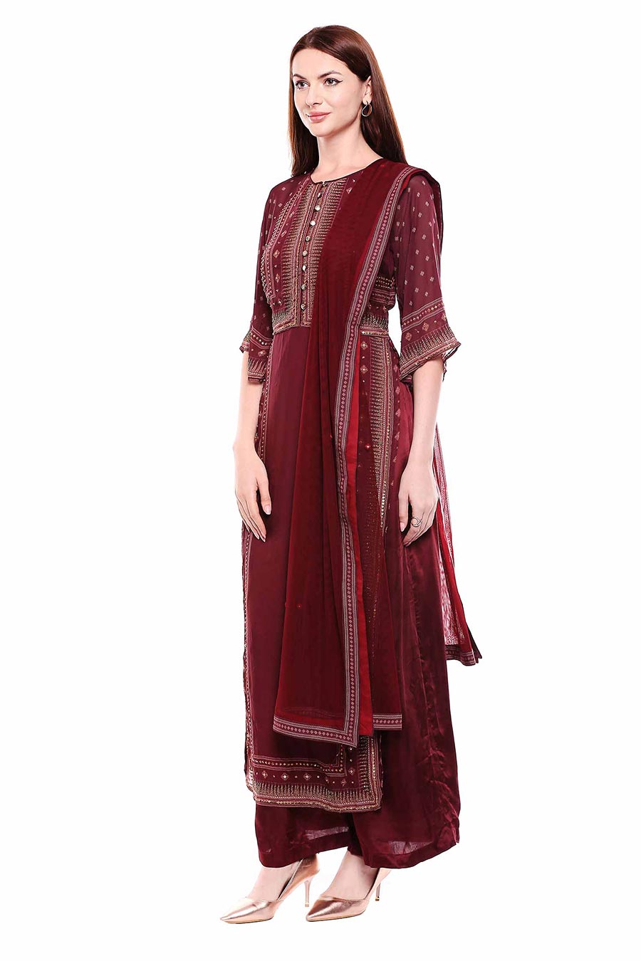 Hand Embroidered Maroon Kurta Set (Set of 3)