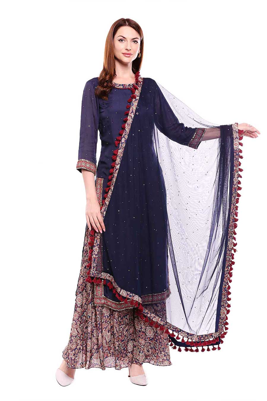 Madhubani Print Blue Kurta Set (Set of 3)