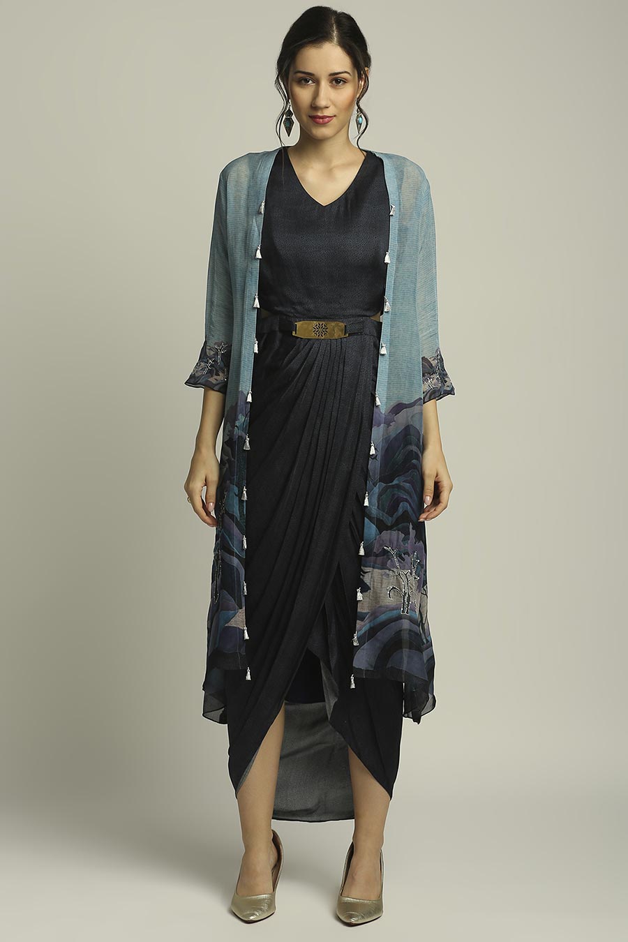 Blue Printed Drape Dress With Jacket