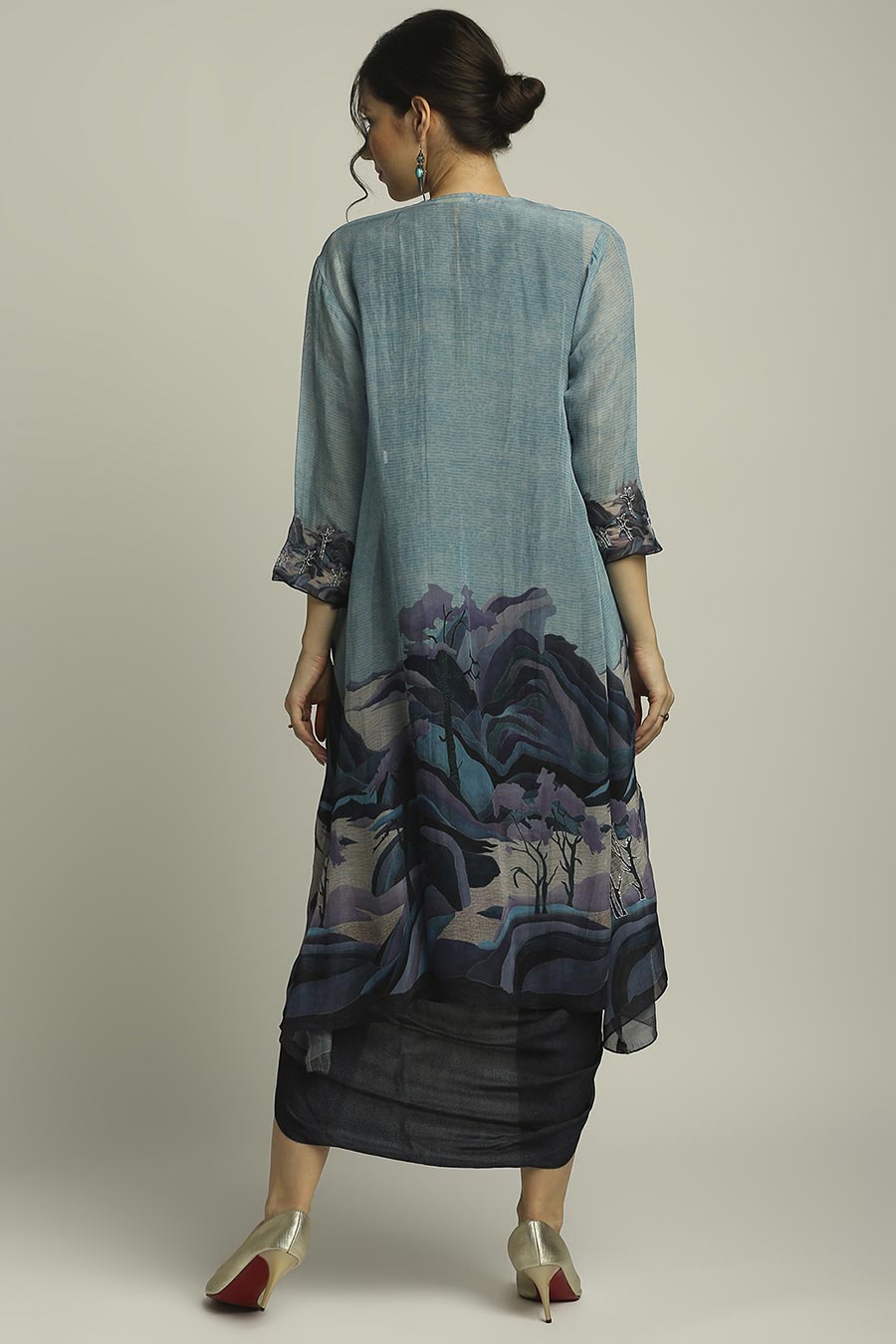 Blue Printed Drape Dress With Jacket