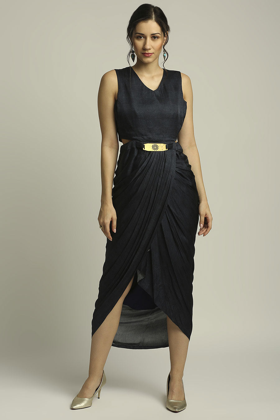 Blue Printed Drape Dress With Jacket