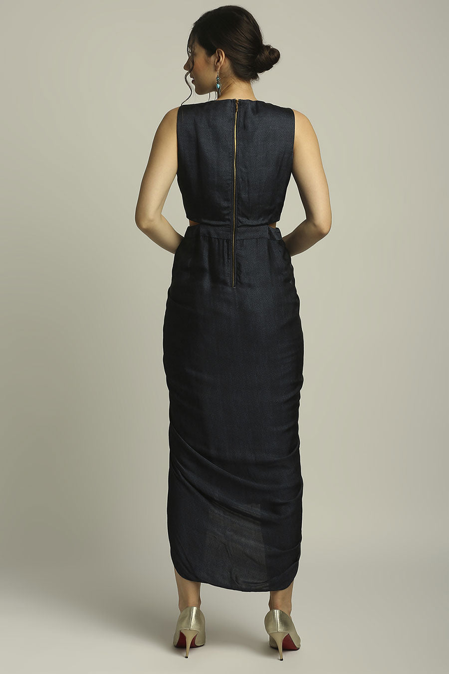 Blue Printed Drape Dress With Jacket