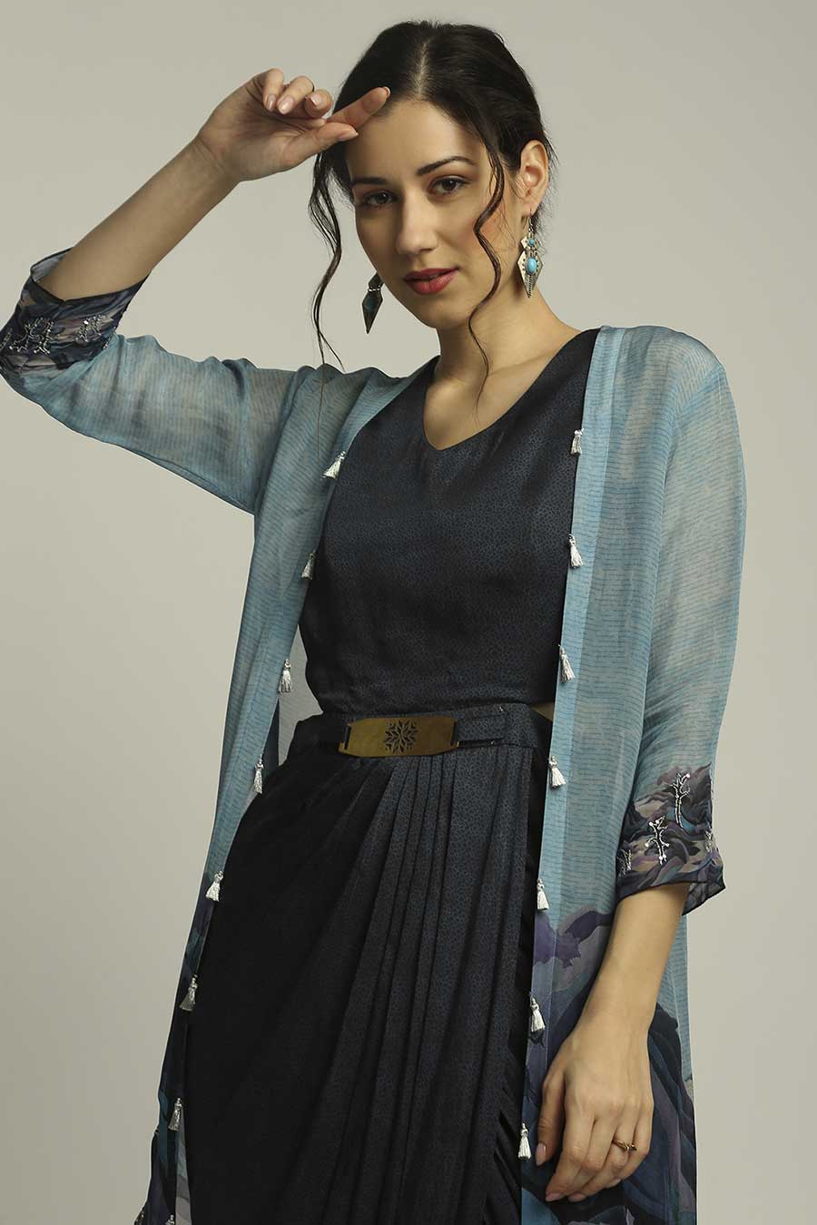 Blue Printed Drape Dress With Jacket