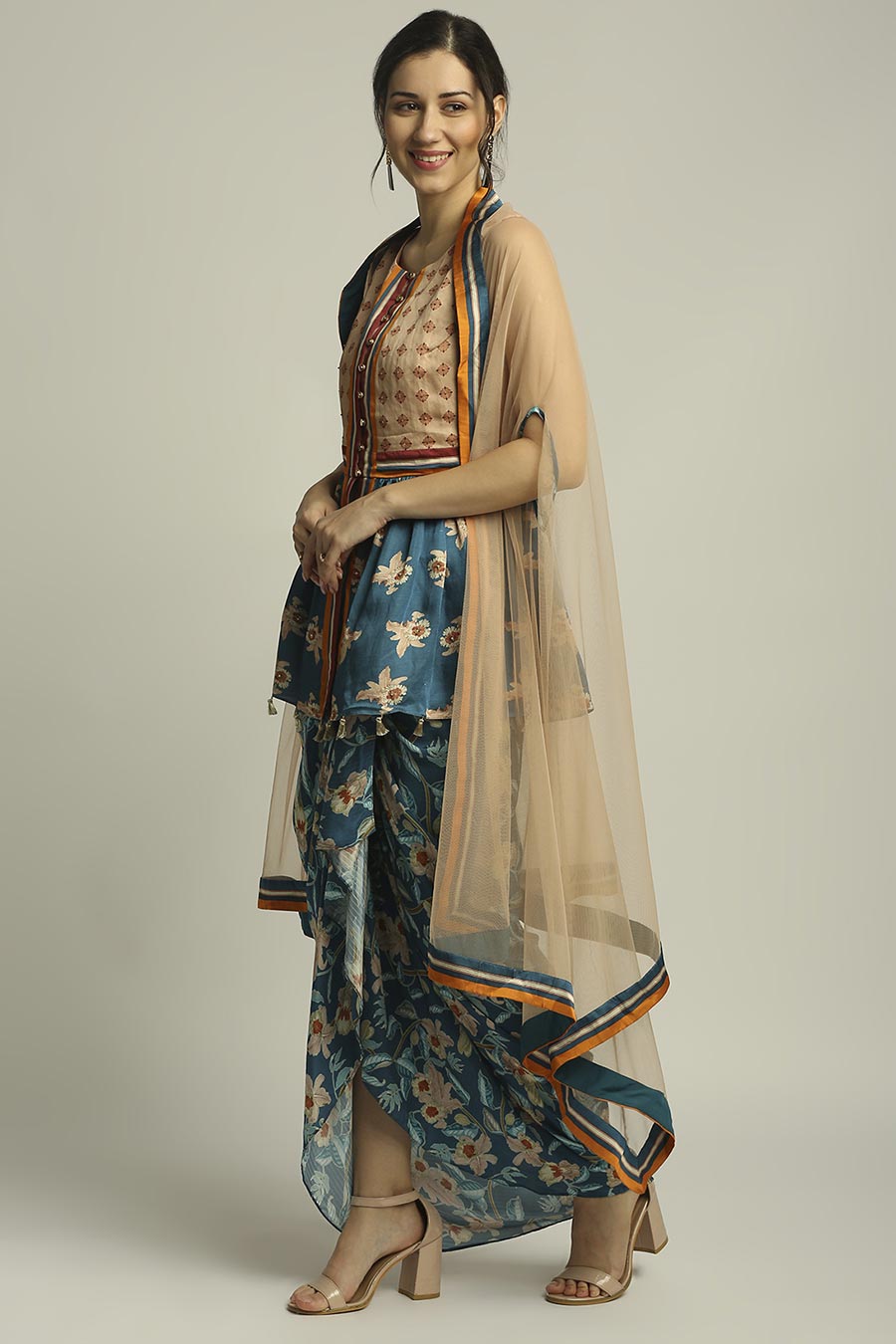 Peach & Blue Printed Co-Ord Set With Cape