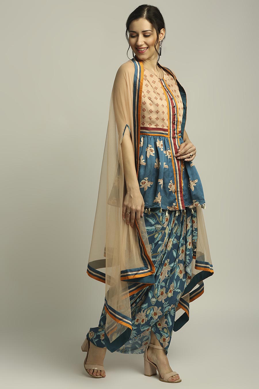 Peach & Blue Printed Co-Ord Set With Cape