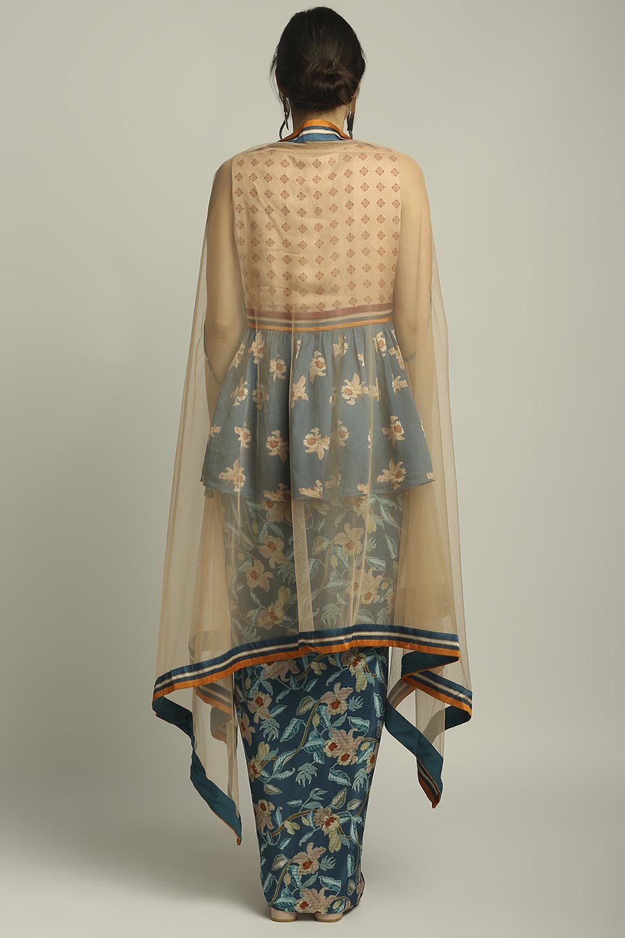 Peach & Blue Printed Co-Ord Set With Cape