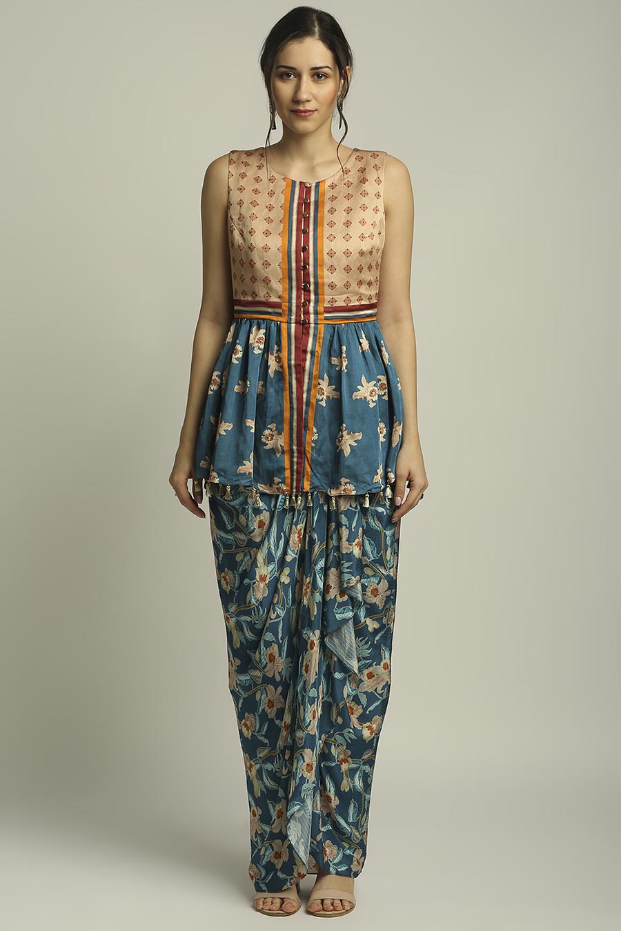 Peach & Blue Printed Co-Ord Set With Cape