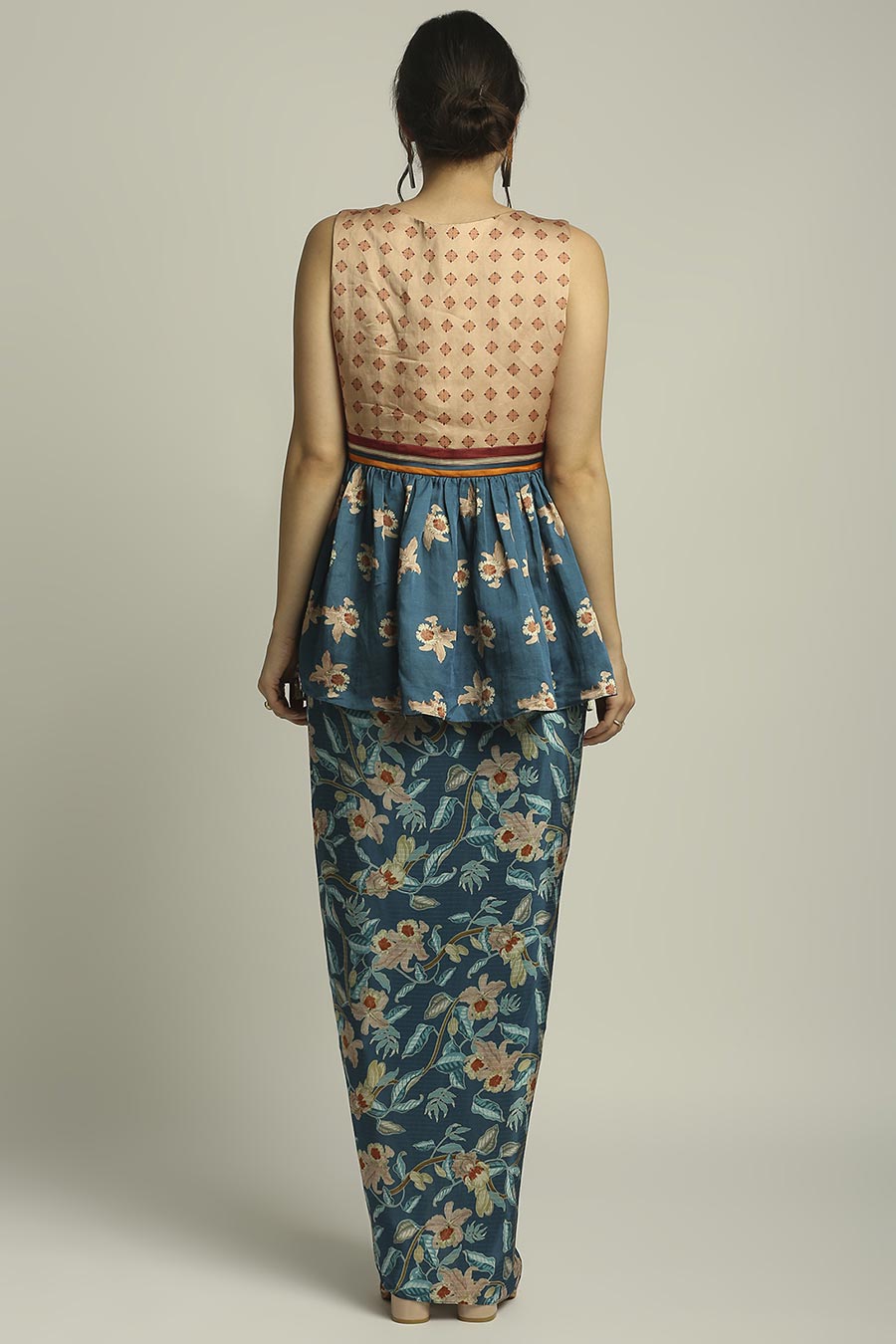 Peach & Blue Printed Co-Ord Set With Cape