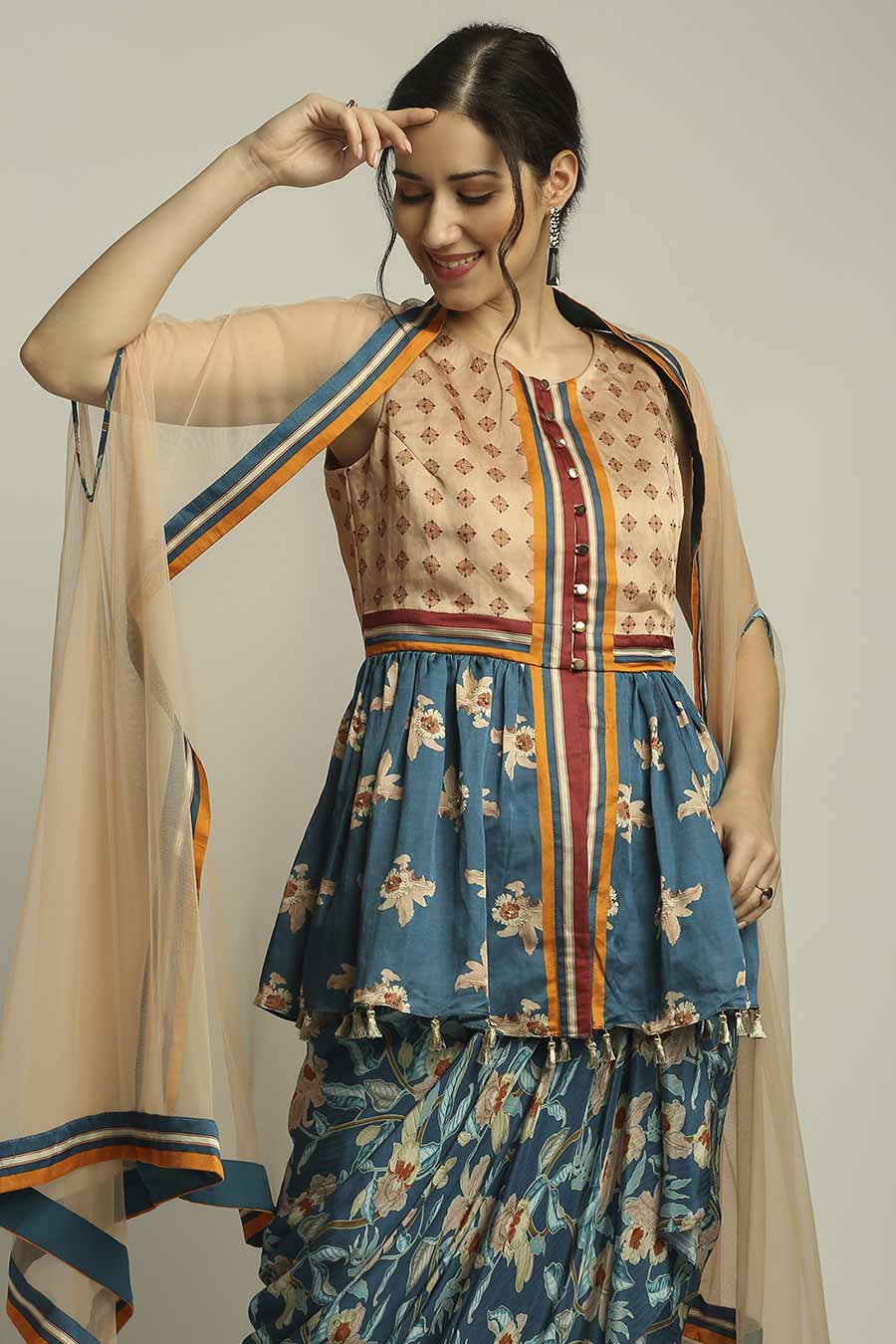 Peach & Blue Printed Co-Ord Set With Cape