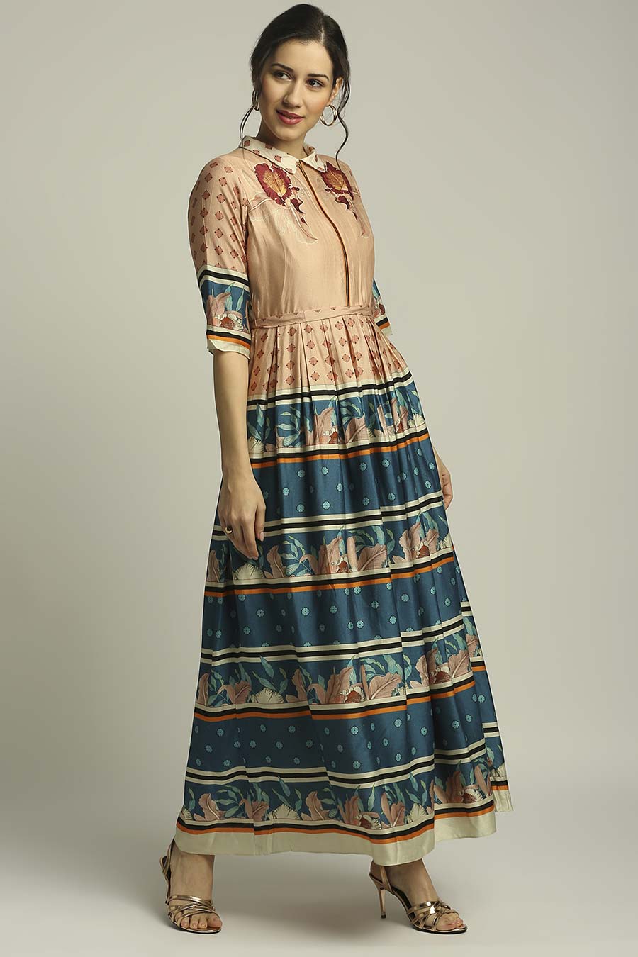 Peach & Blue Printed Long Dress