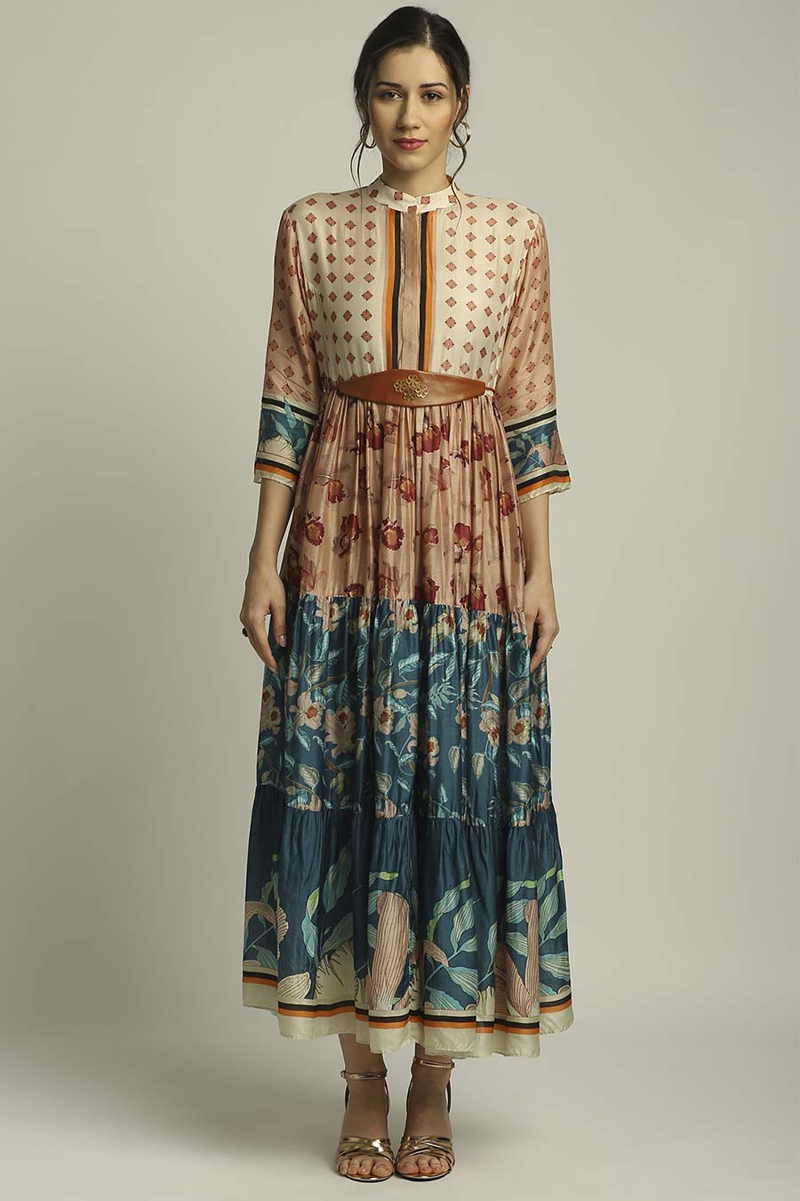 Peach & Blue Long Tier Dress With Belt