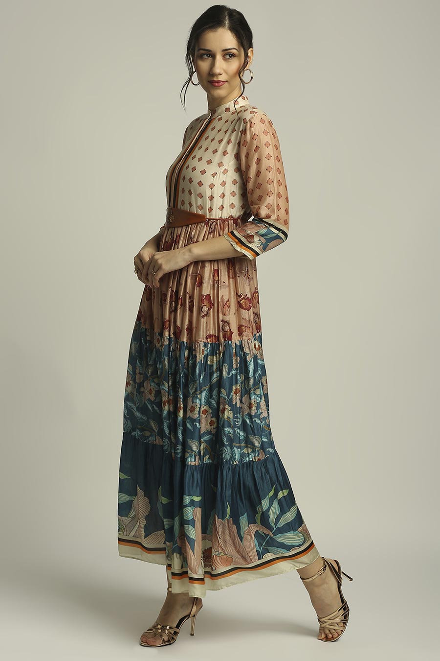 Peach & Blue Long Tier Dress With Belt