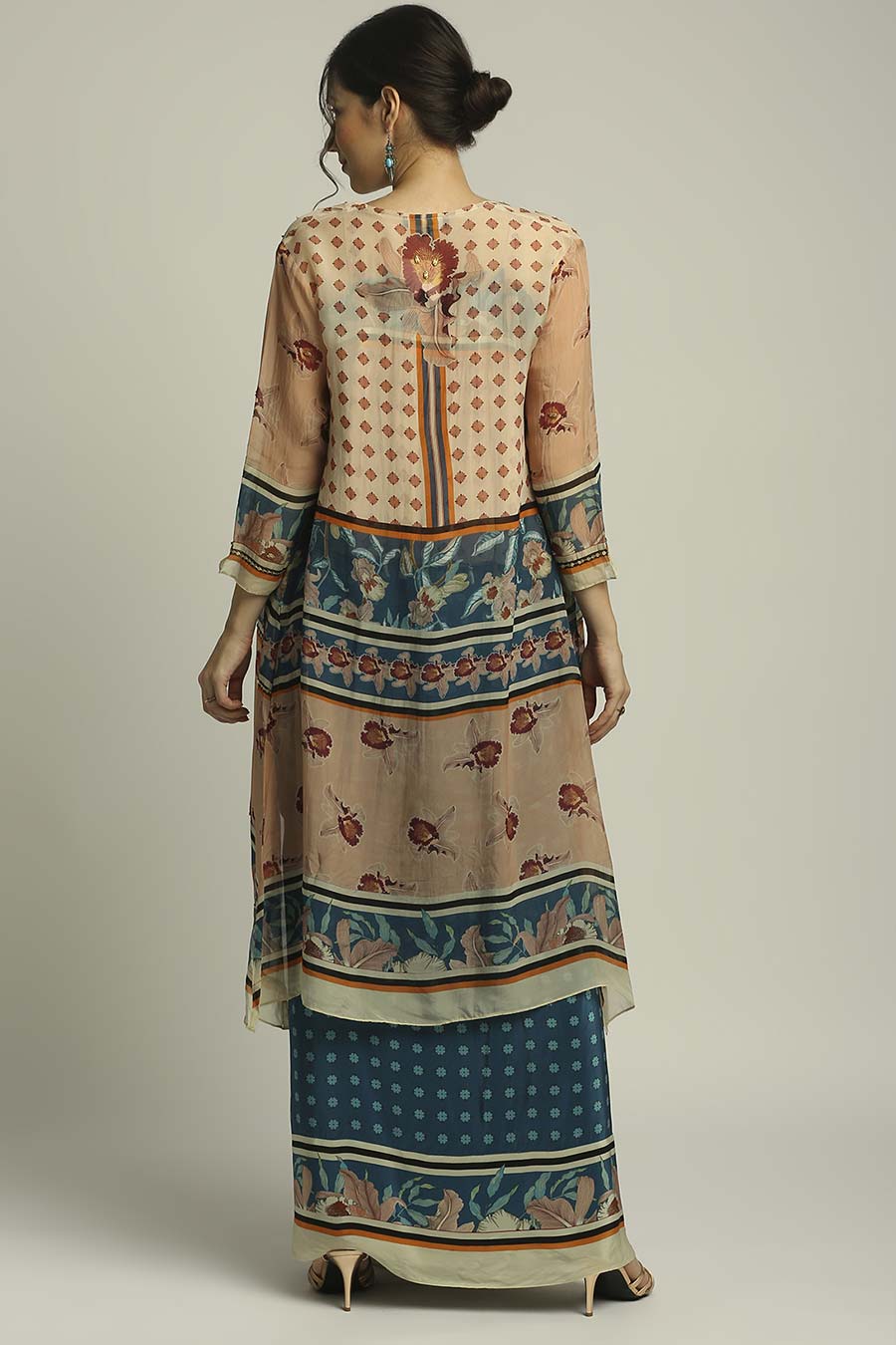 Peach & Blue Printed Skirt Set With Jacket