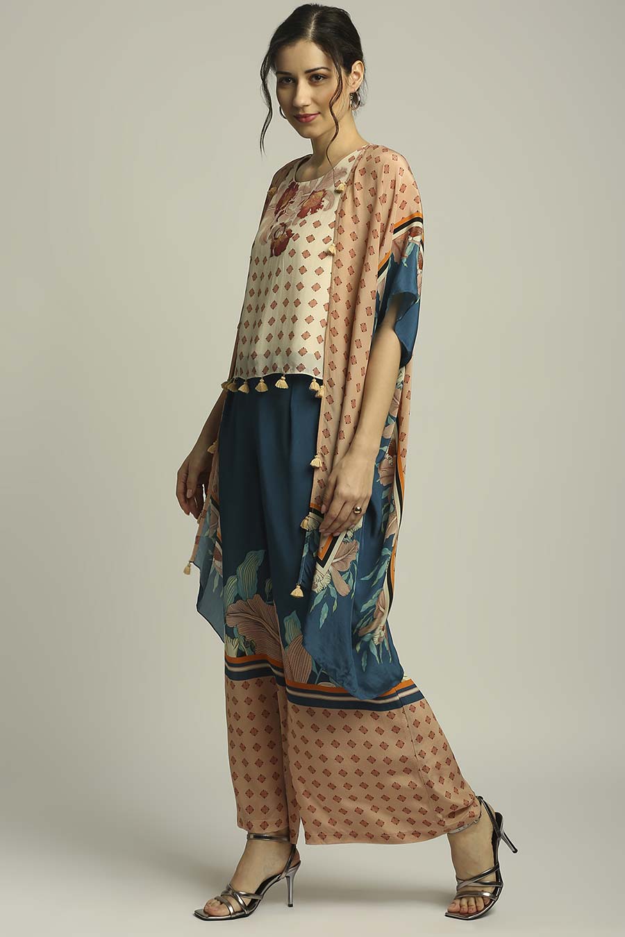 Peach & Blue Printed Co-Ord Set With Cape