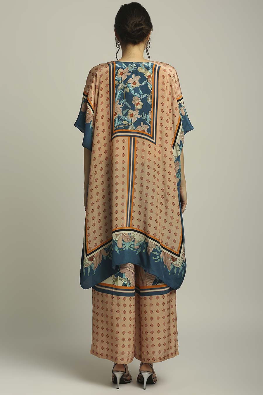 Peach & Blue Printed Co-Ord Set With Cape