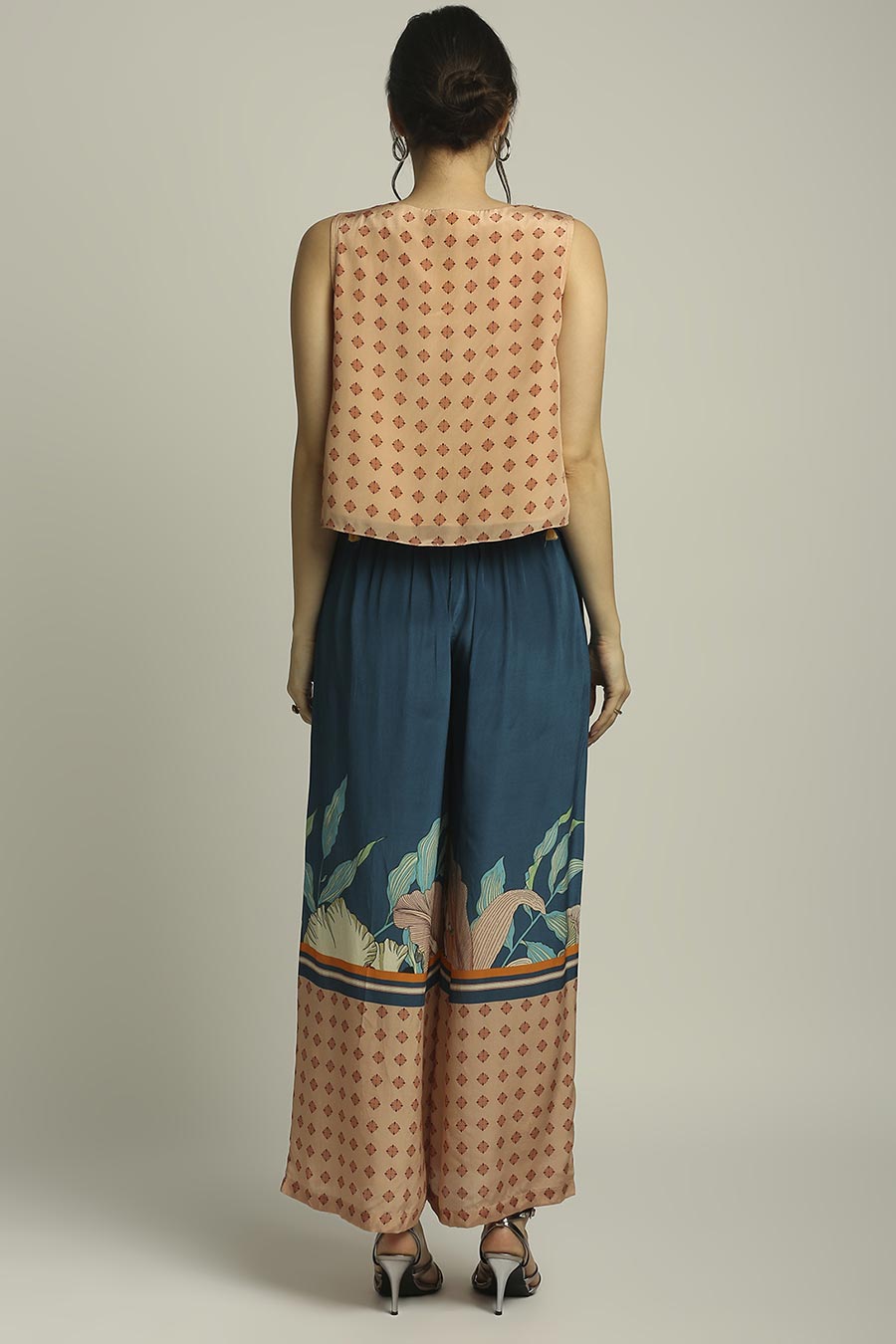 Peach & Blue Printed Co-Ord Set With Cape