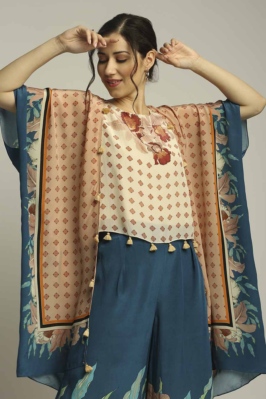 Peach & Blue Printed Co-Ord Set With Cape