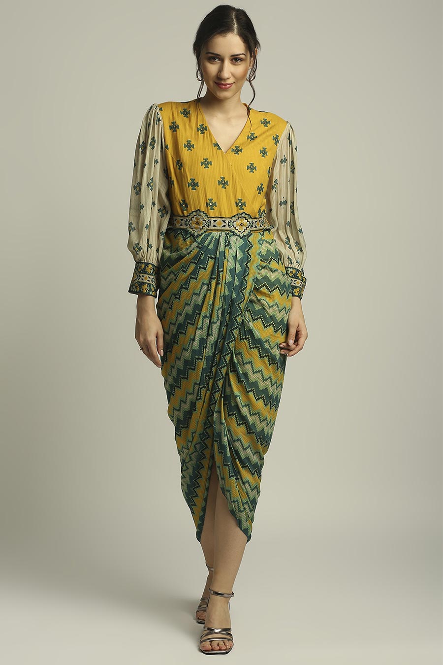 Tiraz Printed Drape Dress With Belt