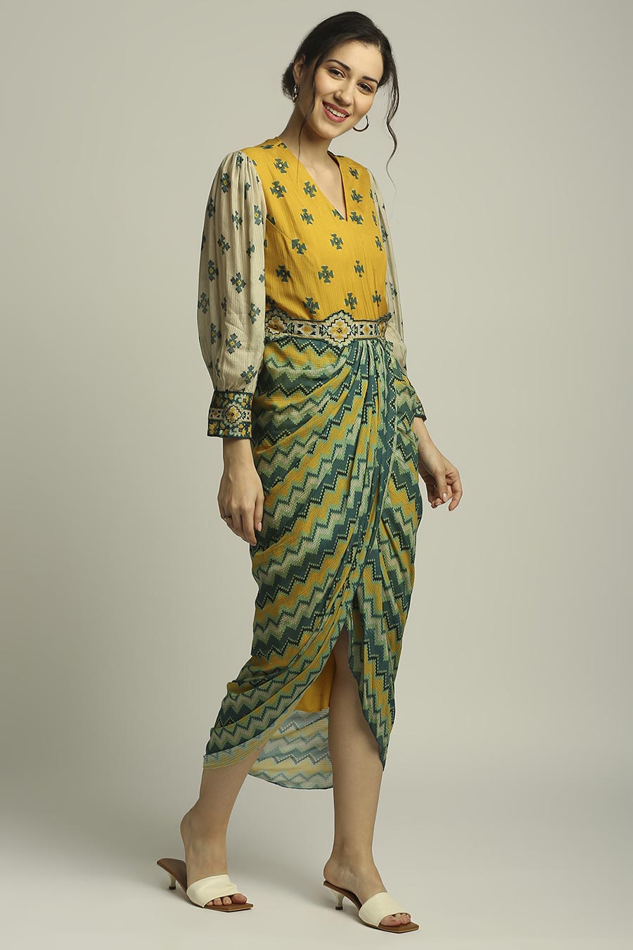 Tiraz Printed Drape Dress With Belt