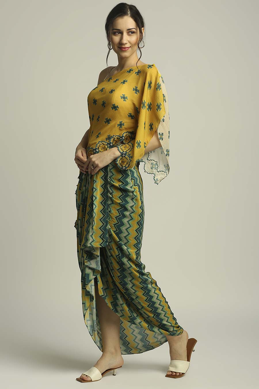 Tiraz Printed One-Shoulder Top & Skirt Set