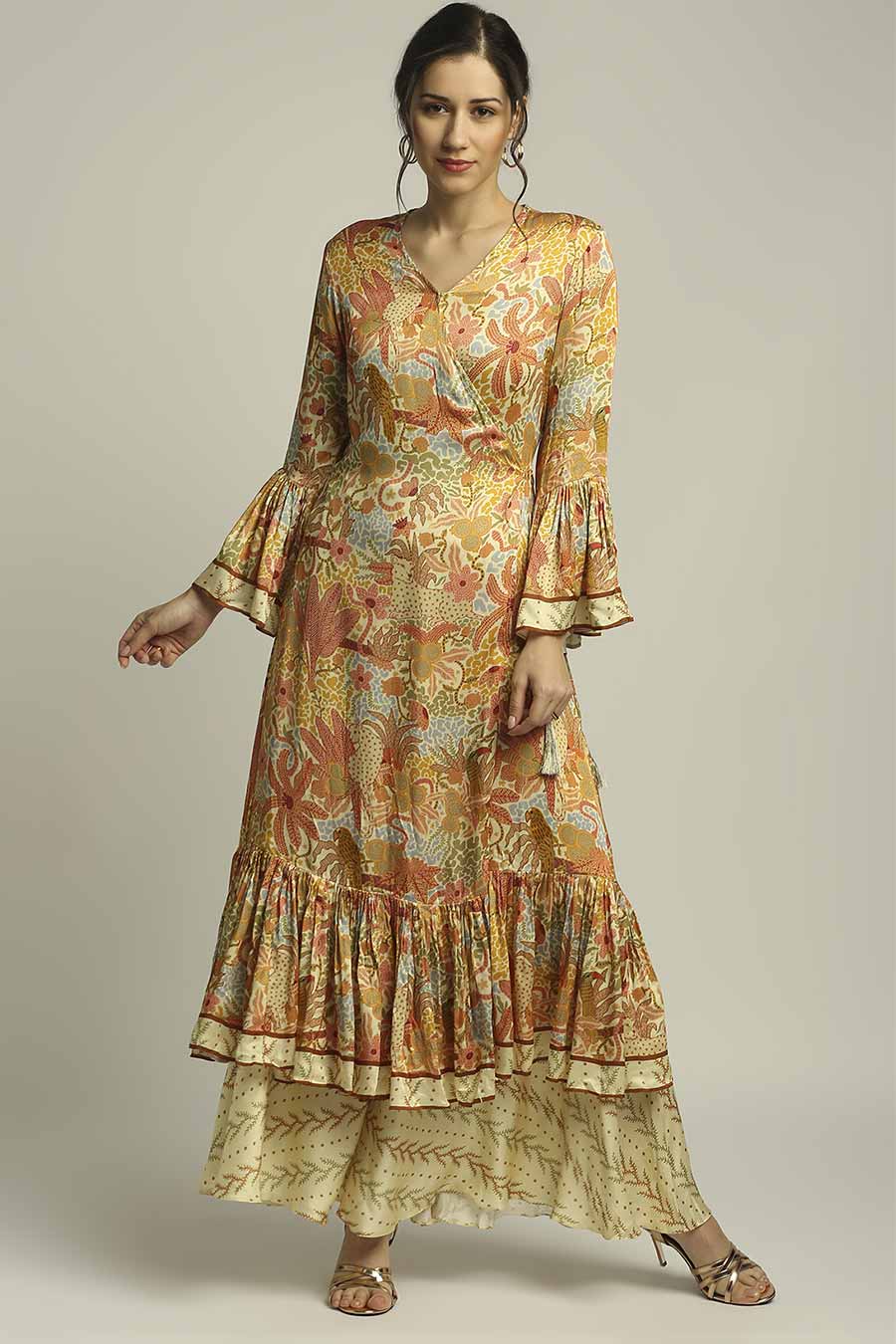 Yellow Printed Overlap Kurta & Pant Set