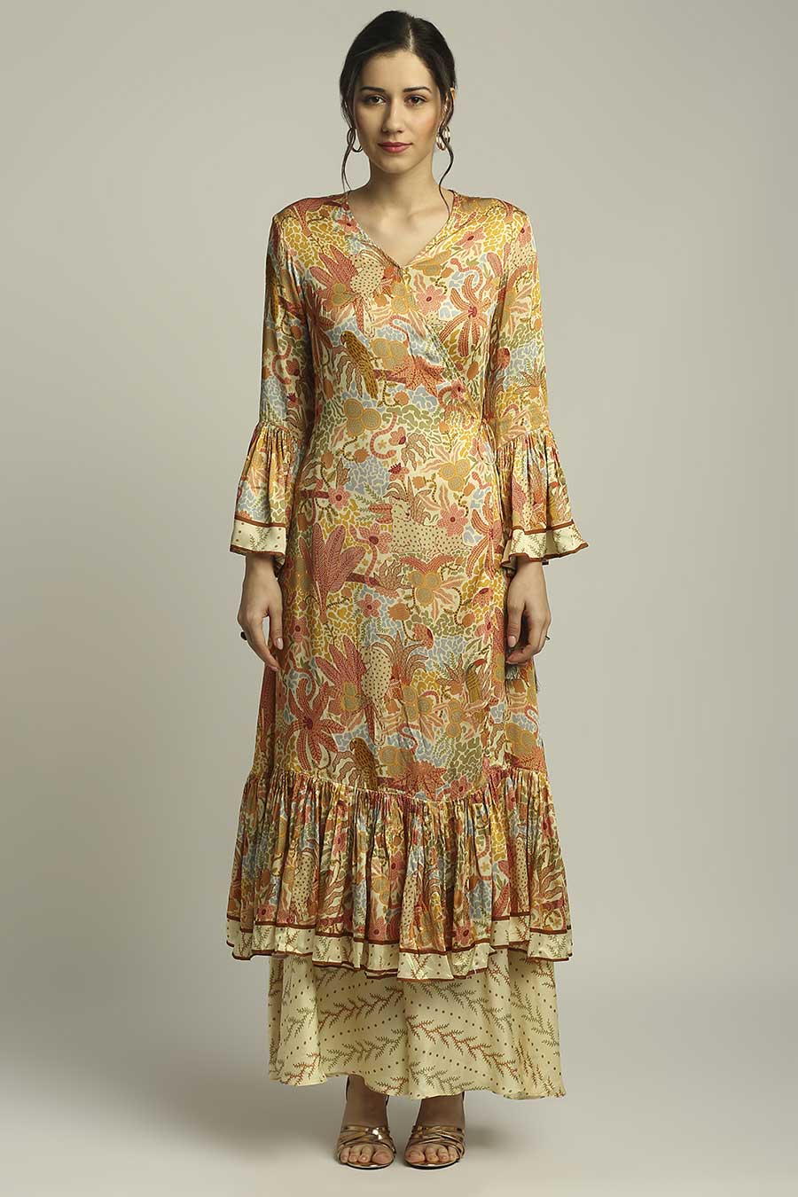 Yellow Printed Overlap Kurta & Pant Set