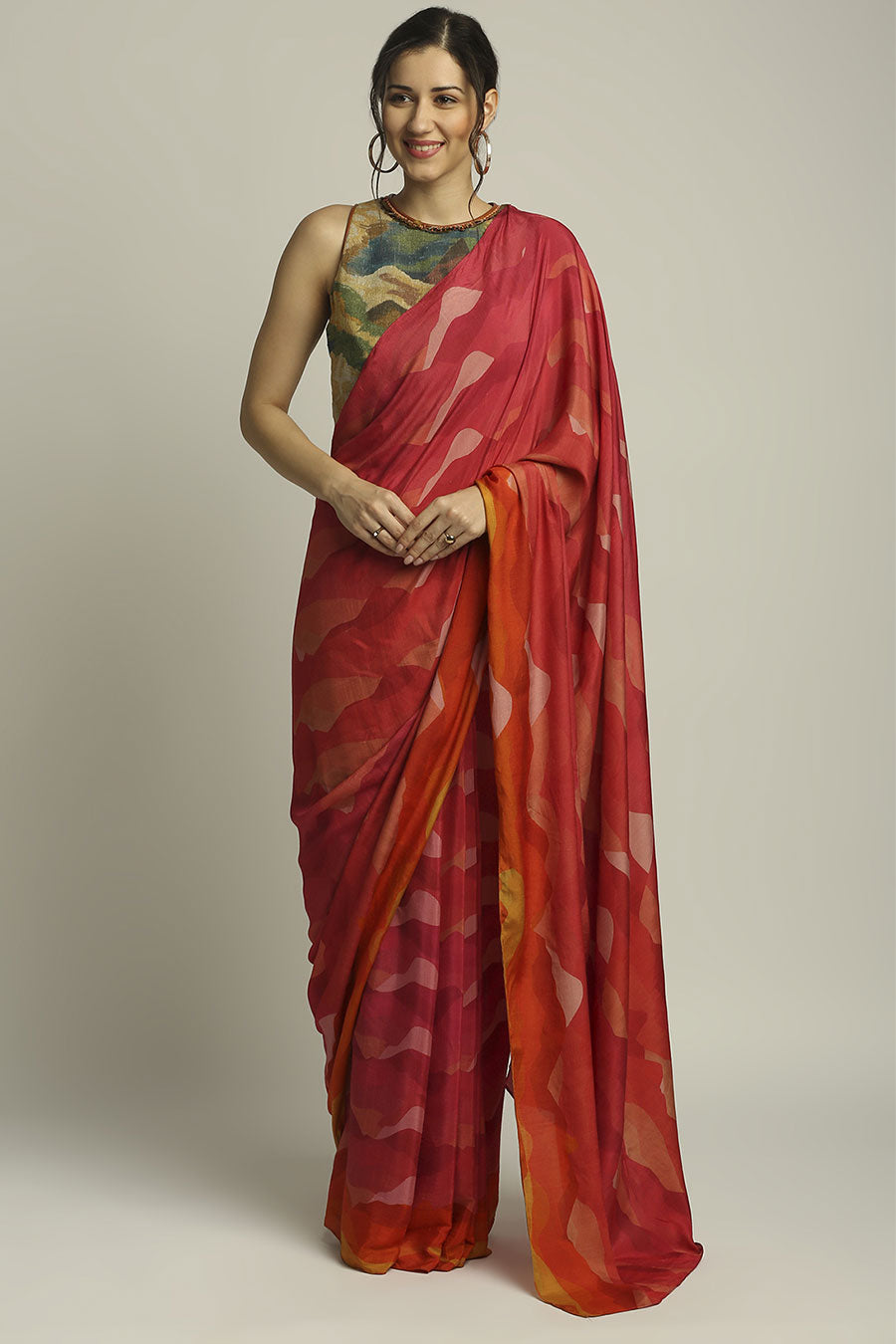 Red Printed Saree With Blouse