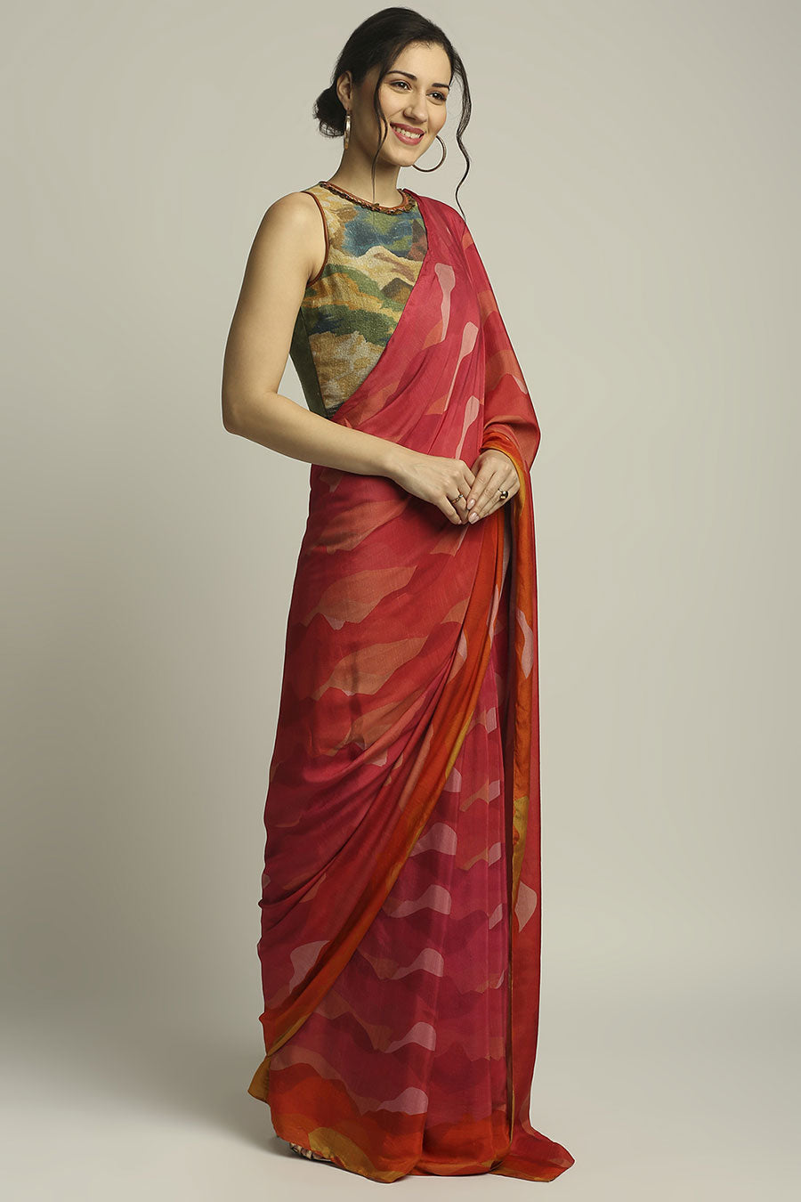 Red Printed Saree With Blouse