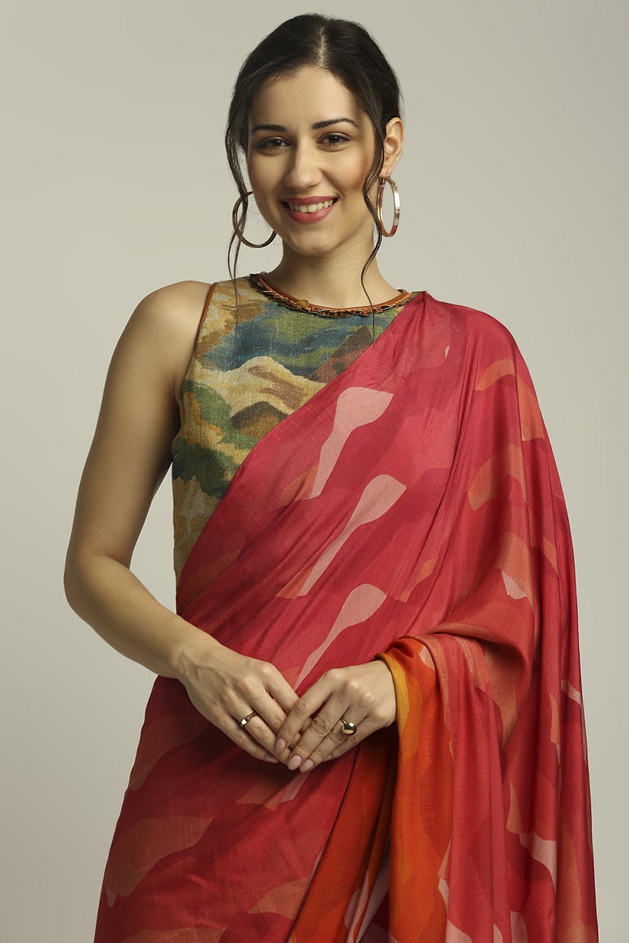 Red Printed Saree With Blouse