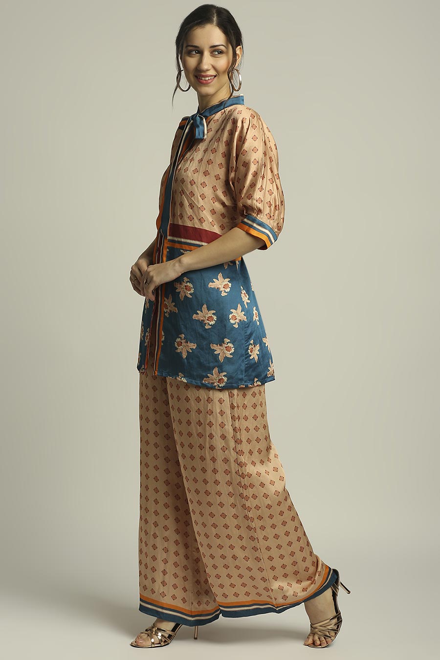 Peach & Blue Printed Top & Pant Set
