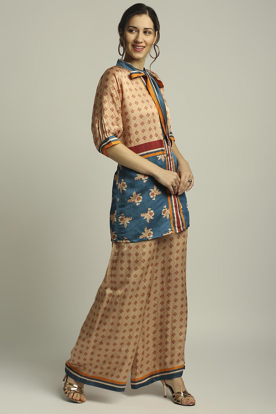 Peach & Blue Printed Top & Pant Set