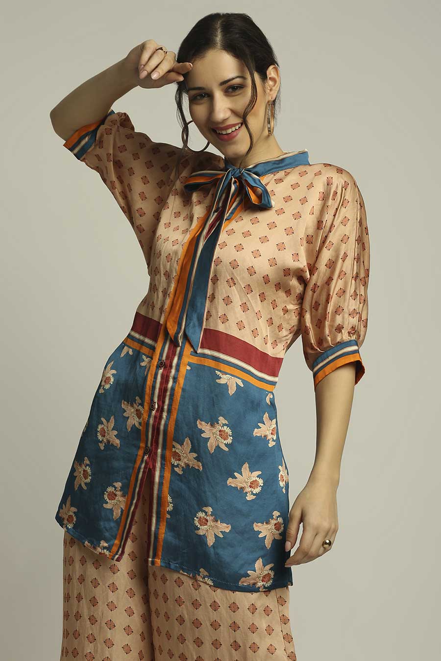 Peach & Blue Printed Top & Pant Set