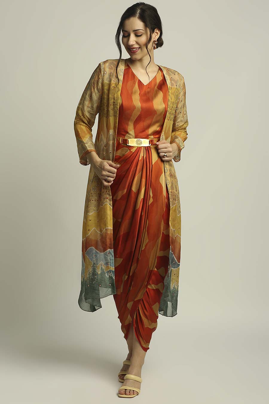 Multicolor Printed Drape Dress With Jacket