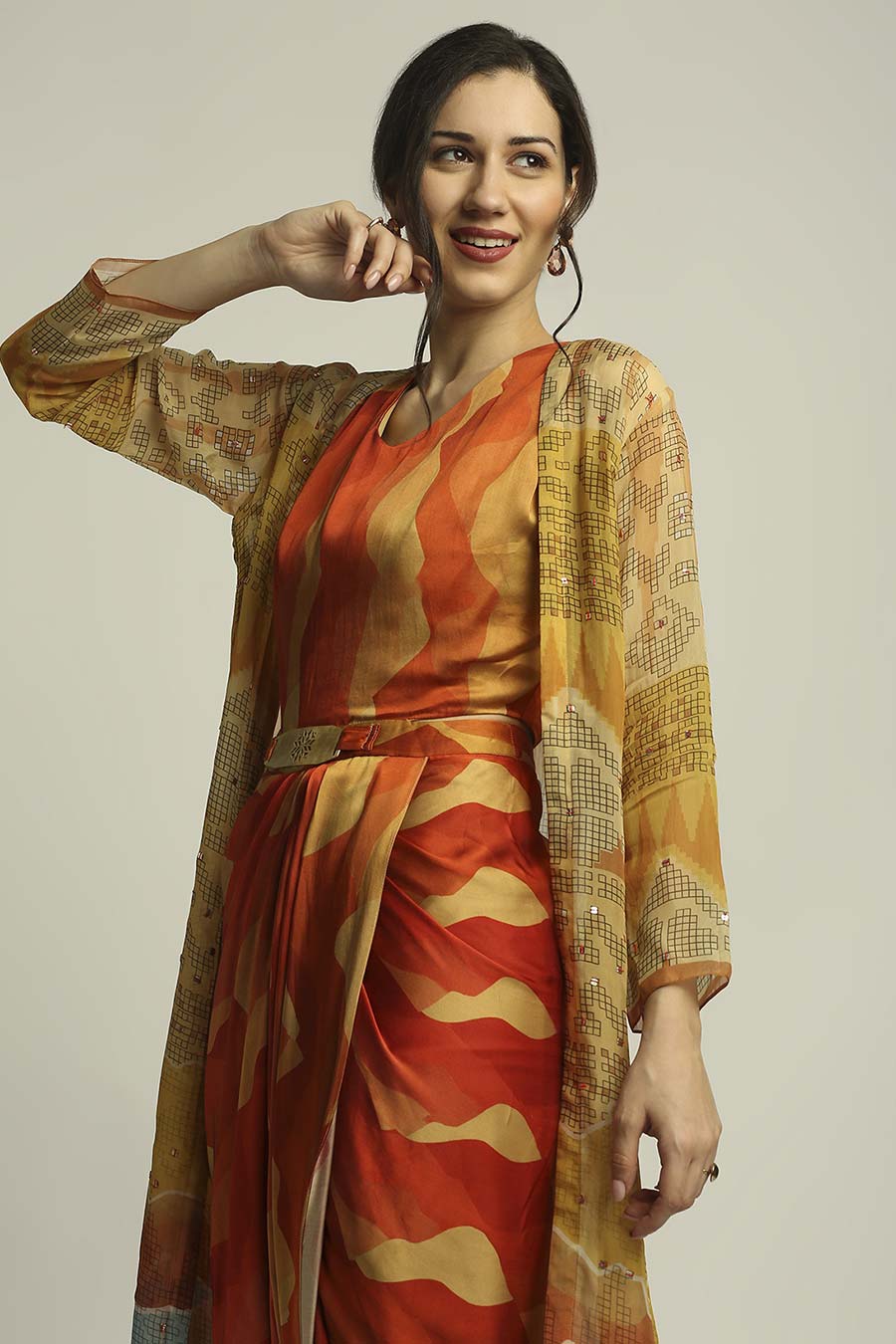 Multicolor Printed Drape Dress With Jacket