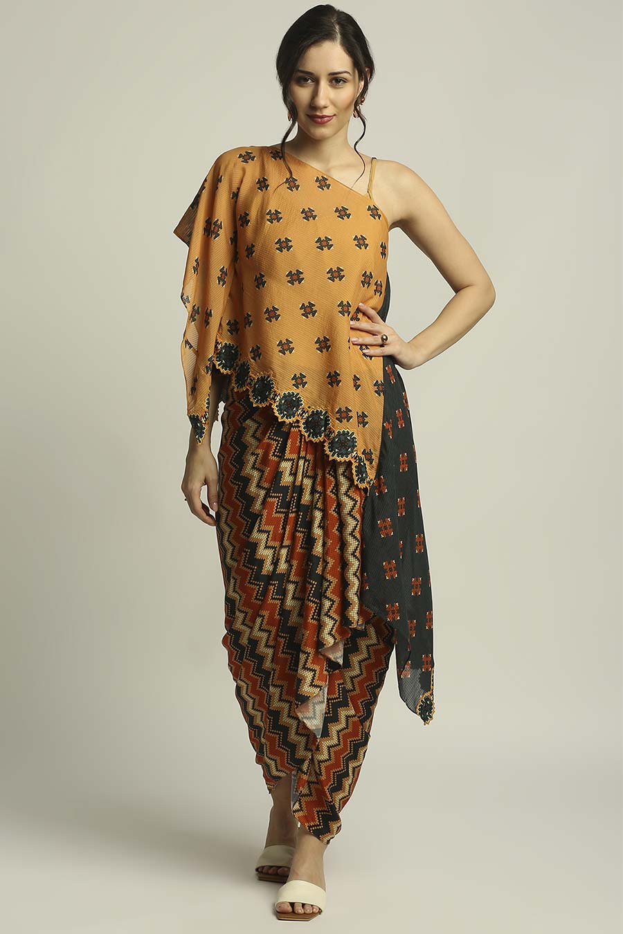 Tiraz Printed One Shoulder Top & Skirt Co-Ord Set