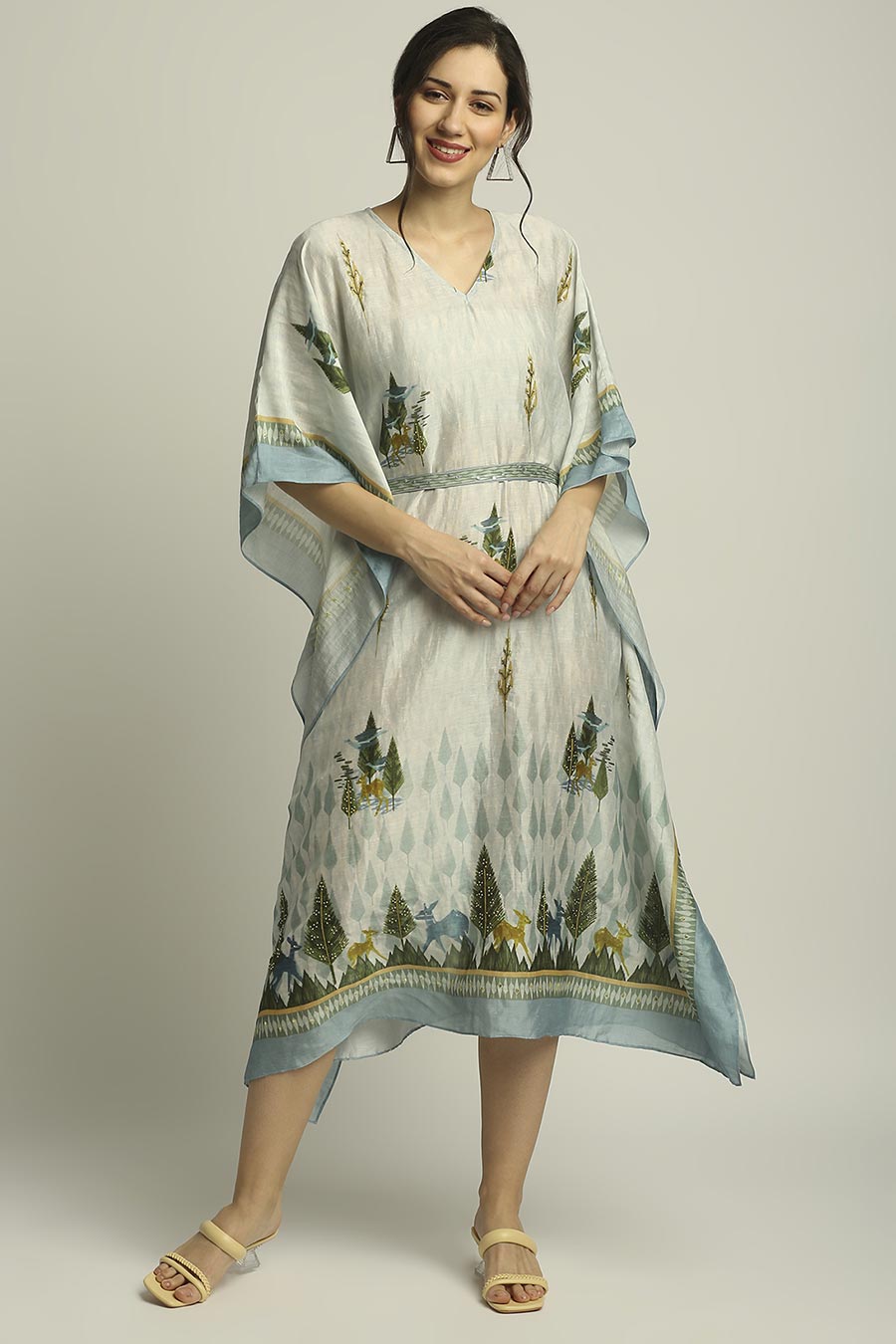 Multicolor Printed Kaftan With Belt